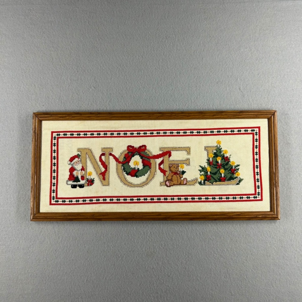 Vintage Noel Christmas Needlepoint Framed Wall Art Santa Teddy Bear Wreath 21in